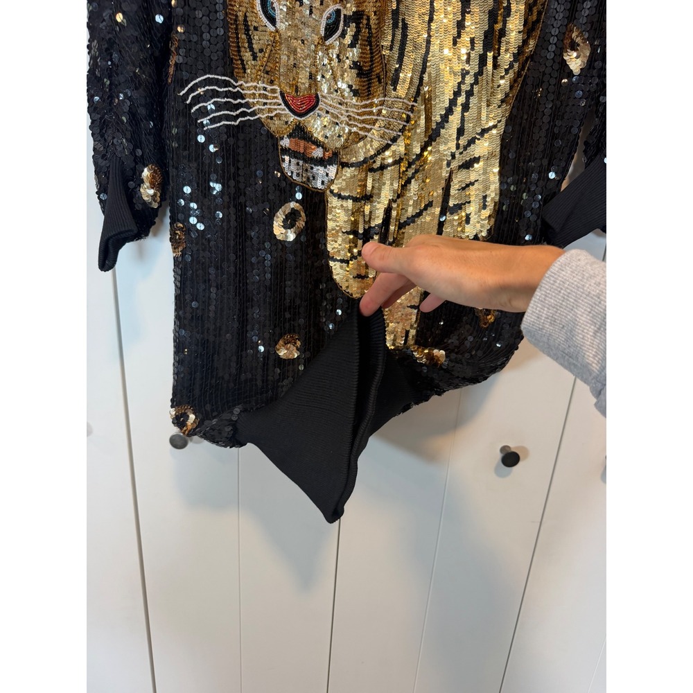 Rare Vintage 80s 100% Silk Sequin Tiger Mini Dress Black Gold Beaded Dolman Sz S - Picture 5 of 10